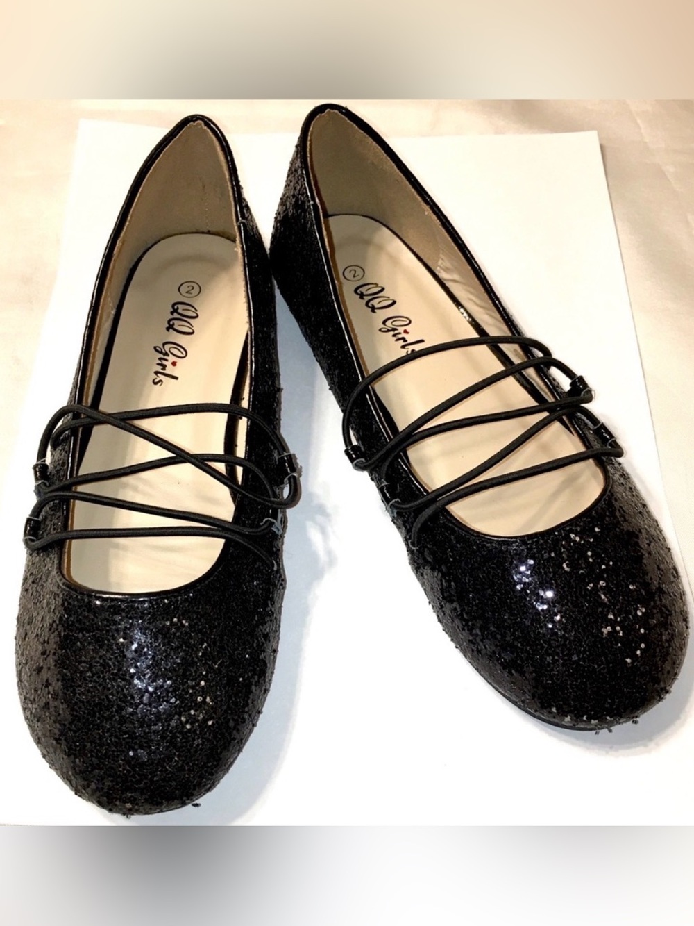Glitter Ballet Flats with Elastic Straps - Black